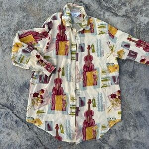 Vintage Ishyu Shirt Womens 6 Cream Silk Equestrian Violin Print Button Front 90s